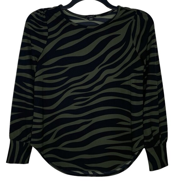 Ann Taylor Womens Blouse Size XS Round Neck Long Sleeves Zebra Print Green Black - Picture 1 of 6